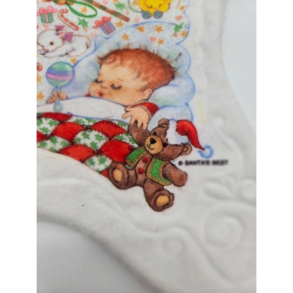 Vintage Santas Best Babys First Christmas Stocking White Felt Sleeping Baby 1980